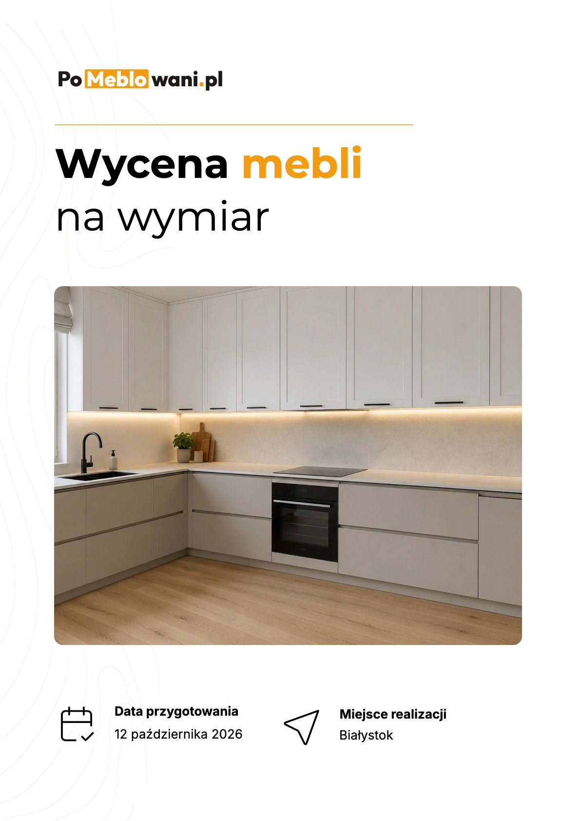 Pierwsza strona oferty z ofertownika: logo Pomeblowani, tytuł Wycena mebli na wymiar i zdjęcie kuchni w układzie L